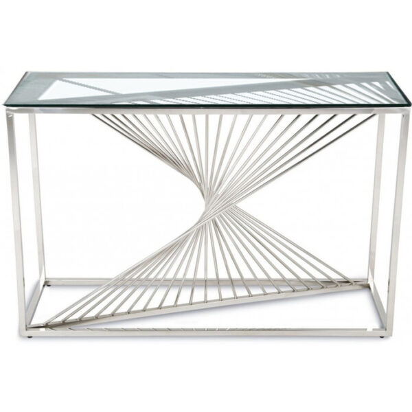 Console design piètement en acier inoxydable poli argenté et plateau en verre trempé transparent L. 120 x P. 40 x H. 78 cm collection BOLZANO